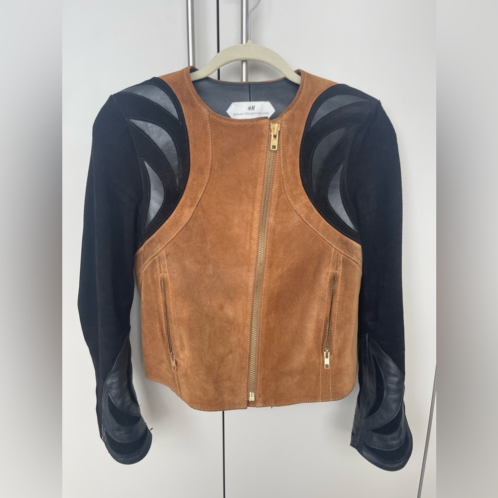 H&M Tan Suede and Black Mixed-Media Bomber Jacket